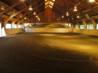 Well-lit, mirrored, indoor ring with cathedral ceiling for year-round riding, including a climate controlled private viewing area
